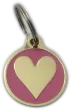 Pink Heart-shaped engraved dog tag with custom details on a UK dog collar
